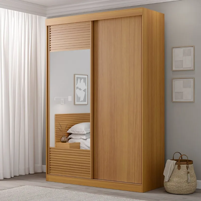 Guarda-Roupa Solteiro 2 Portas 1 Porta com Espelho Samambaia CabeCasa MadeiraOriginals Carvalho Carvalho
