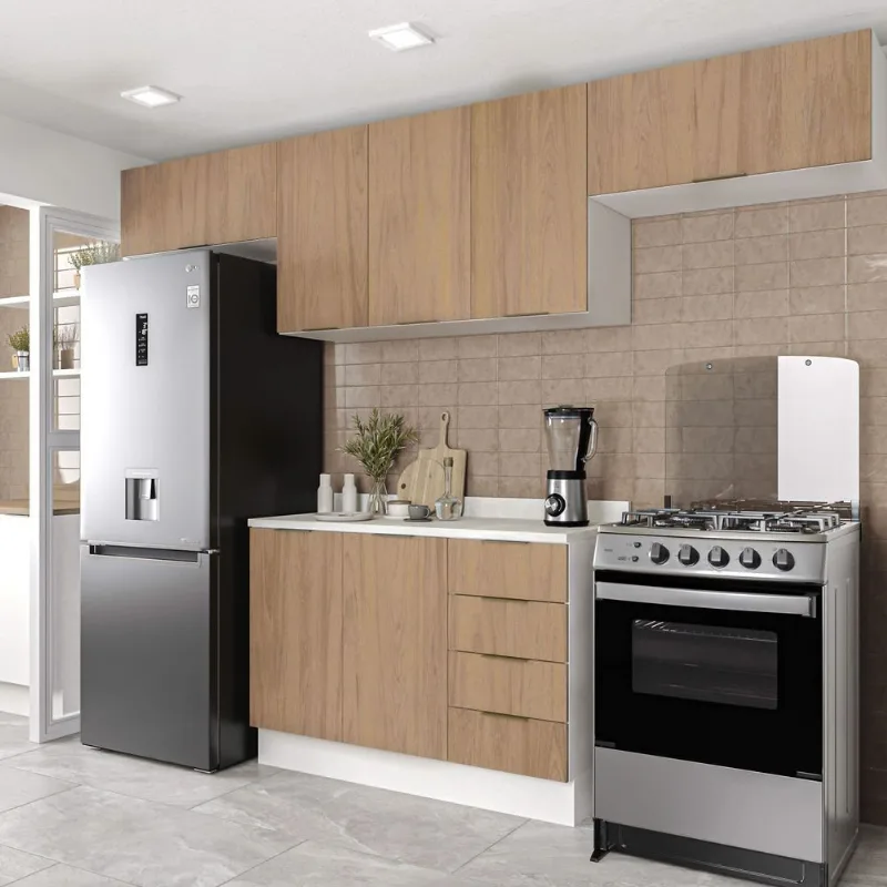 Cozinha Planejada 4 Peças com Tampo 3 Armários Aéreos 5 Portas e 1 Balcão Ipanema CabeCasa Madei Acácia/Branco