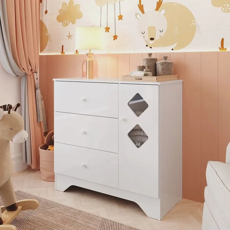 Cômoda Infantil 1 Porta Janelas Losango 3 Gavetas 100% mdf Cocada Yescasa