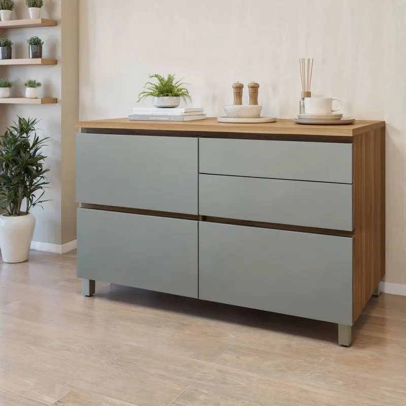 Balcão 1 Porta Basculante 4 Gavetas 120cm Nesher 100% Mdf Rainha Nature/verde