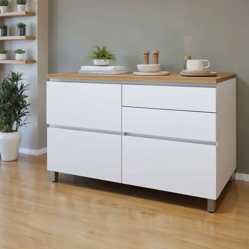 Balcão 1 Porta Basculante 4 Gavetas 120cm Nesher 100% Mdf Rainha Branco/nature