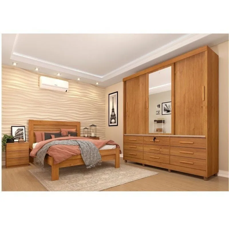Quarto Completo Roupeiro 3 Portas, Cama Casal E Mesa De Cabeceira Chicago Tcil Móveis Cinamomo/cinamomo