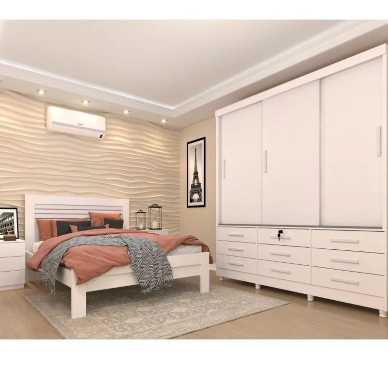Quarto Completo Roupeiro 3 Portas, Cama Casal E Mesa De Cabeceira 3 Gavetas Chicago Tcil Móveis Neve/neve