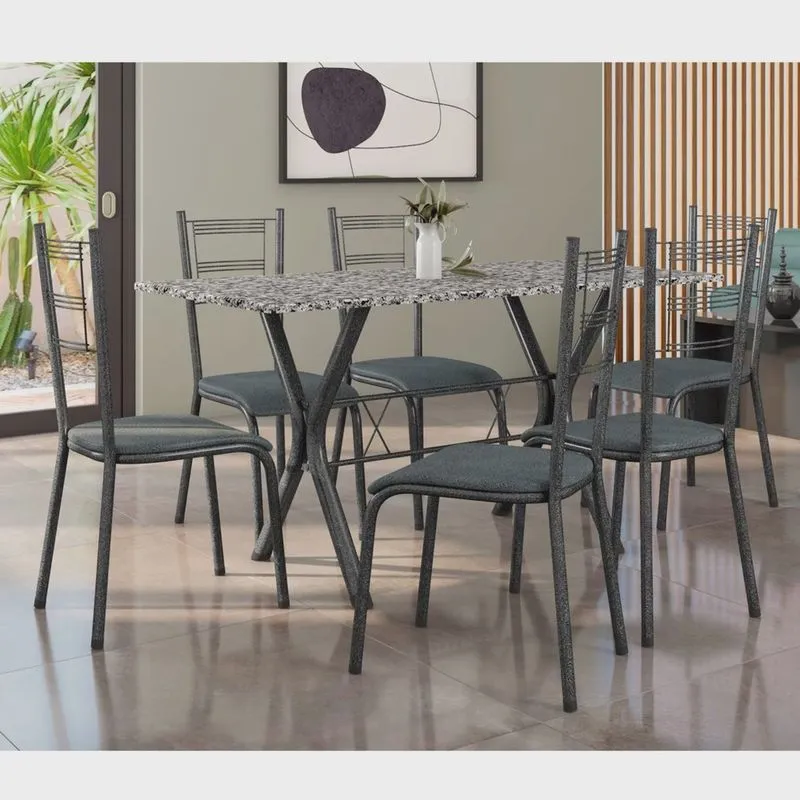 Conjunto Mesa Miami 150cm Granito 6 cadeiras Santiago Assento Courino