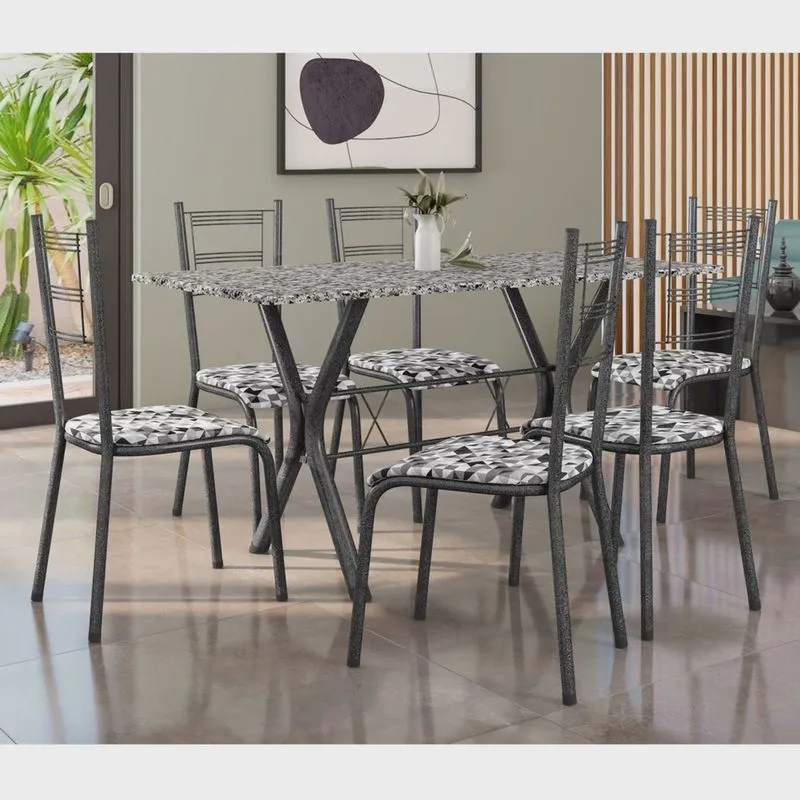 Conjunto Mesa Miami 150cm Granito 6 Cadeiras Santiago Assento Courino