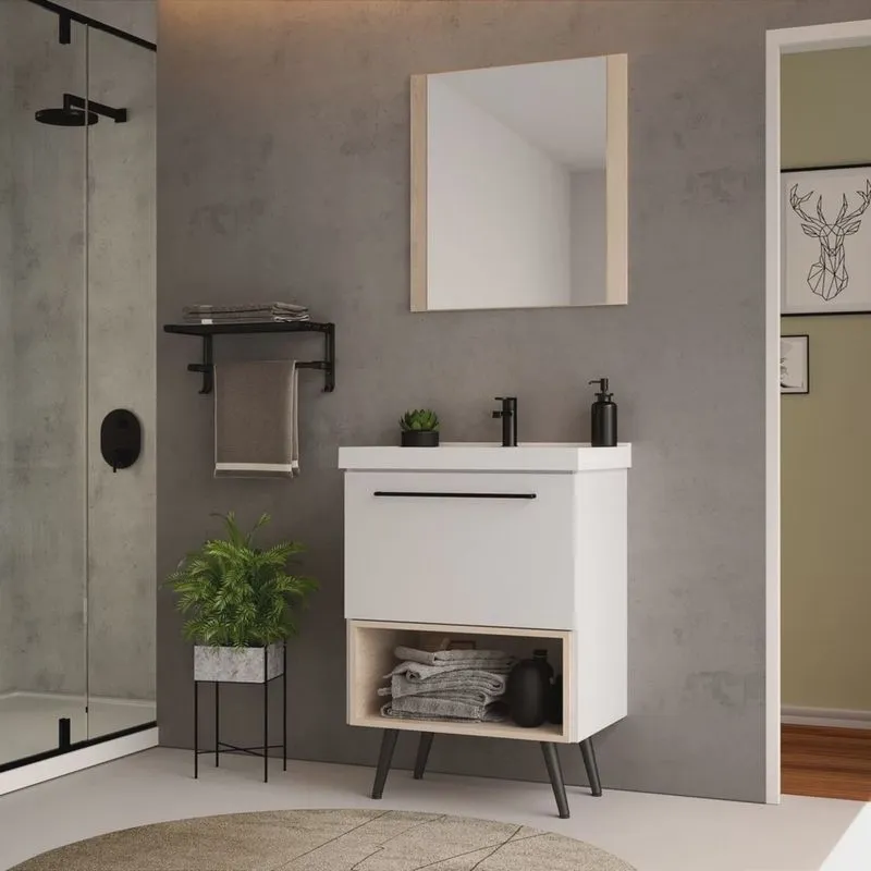 Gabinete com Pés Para Banheiro 60cm com Cuba e Espelheira Gales