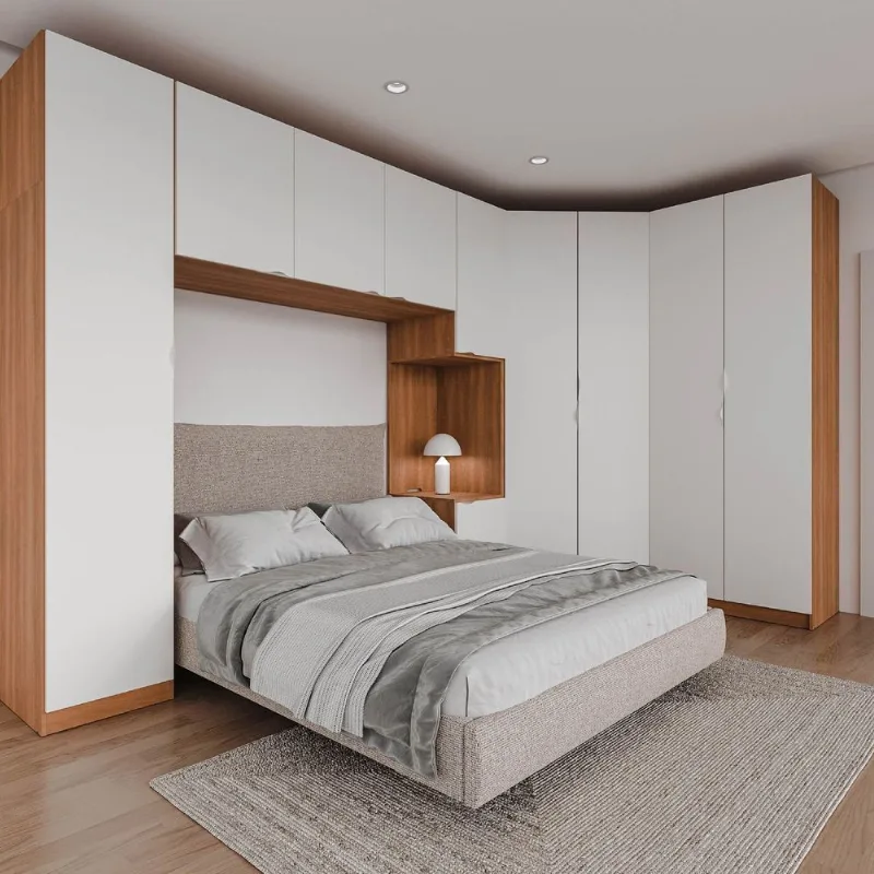 Guarda Roupa Modulado de Canto 10 Portas e 1 Mesa de Cabeceira Hera CabeCasa MadeiraOriginals Marrom Louro/Algodão