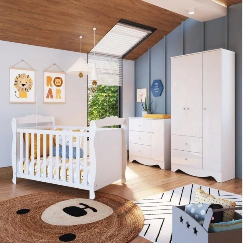 Quarto de Bebê Guarda Roupa 3 Portas Cômoda e Berço Americano Cocada Espresso Móveis Branco Brilho