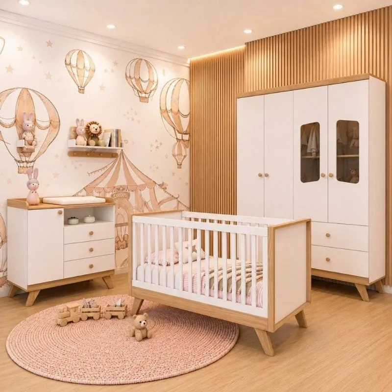 Quarto de Bebê Completo Berço 3 em 1 com Guarda Roupa 4 Portas e Cômoda Retrô Theo Espresso Móv Branco/Jequitibá HP