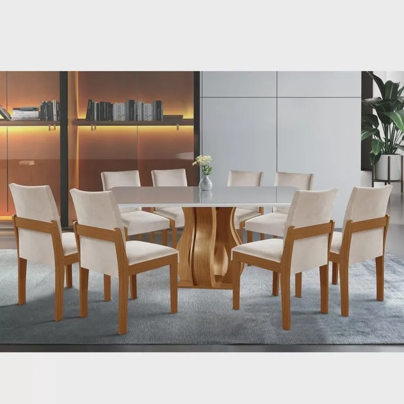 Conjunto Sala de Jantar Mesa Nuance Tampo Vidro/MDP com 8 Cadeiras Mônaco Yescasa