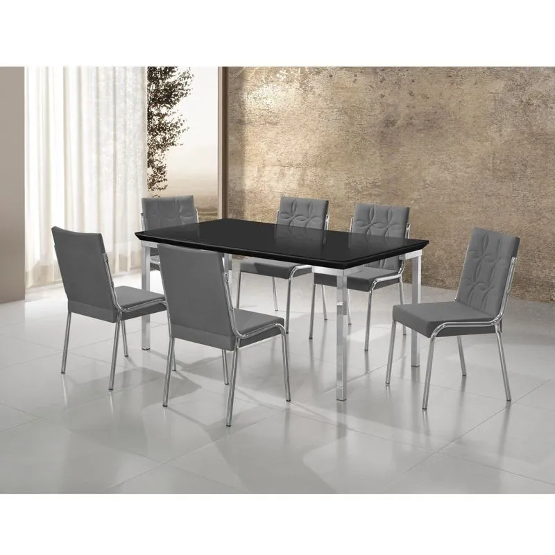 Conjunto Sala De Jantar Mesa Iza New Tampo Mdf/vidro 6 Cadeiras Natani New Cromado/cinza