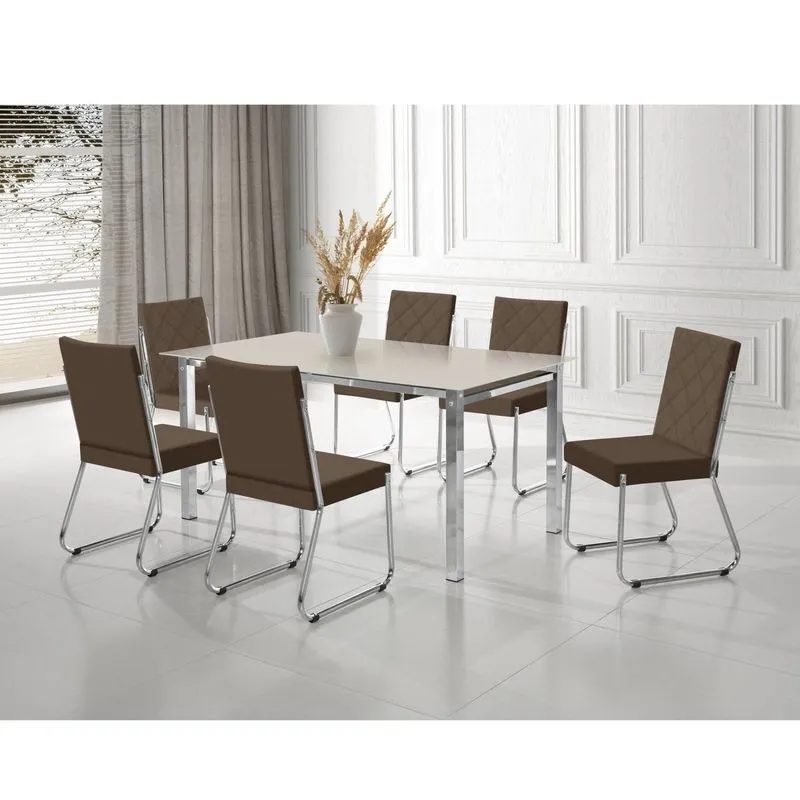 Conjunto Sala De Jantar Mesa Ortenia Tampo Vidro Com 6 Cadeiras Dinah New Cromado/marrom