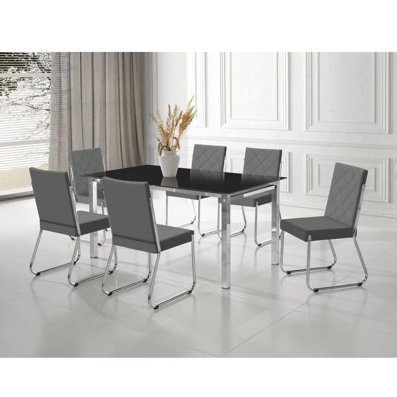 Conjunto Sala De Jantar Mesa Ortenia Tampo Vidro Com 6 Cadeiras Dinah New Cromado/cinza