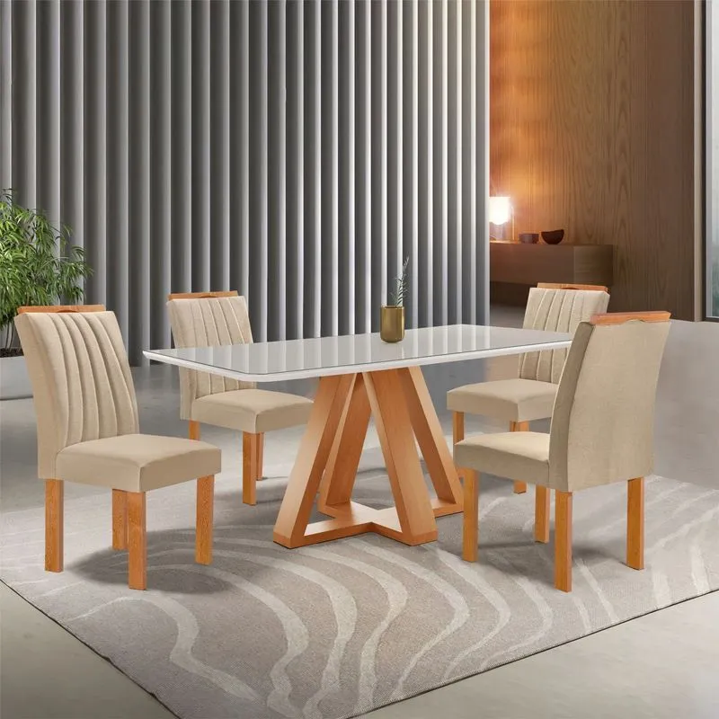 Conjunto Mesa Tampo Smart Plus Vidro Kyra 120cmx90cm 4 Cadeiras Arizona Cinamomo/off White/suede Cru