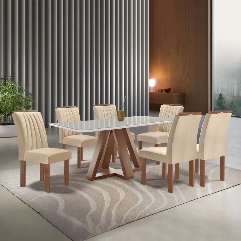 Conjunto Mesa Tampo Smart Plus Vidro Kyra 170cmx90cm 6 Cadeiras Arizona Chocolate/off White/suede Cru