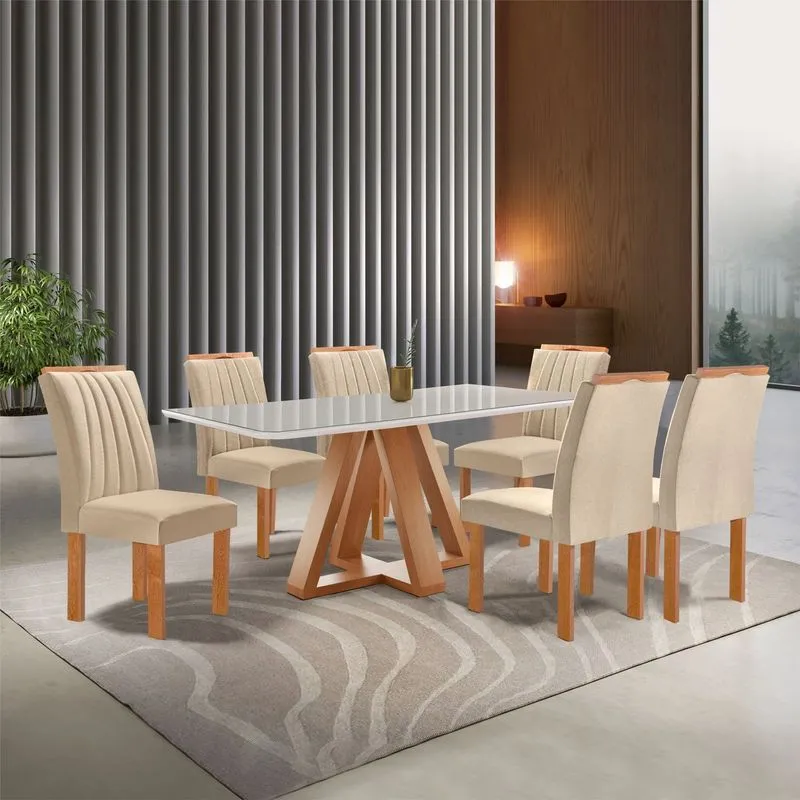 Conjunto Mesa Tampo Smart Plus Vidro Kyra 170cmx90cm 6 Cadeiras Arizona Cinamomo/off White/suede Cru