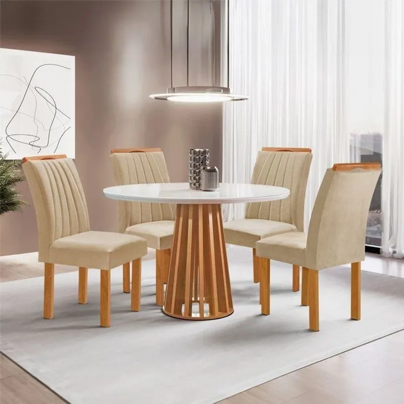Conjunto Mesa Tampo Redondo Plus Vidro Kansas 100cm 4 Cadeiras Arizona Cinamomo/off White/suede Cru