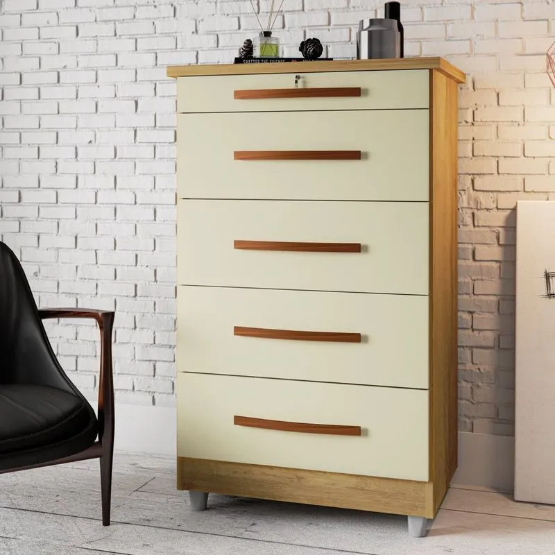 Cômoda Para Quarto 5 Gavetas 1 Gaveta Com Chave Emas Mel/pérola