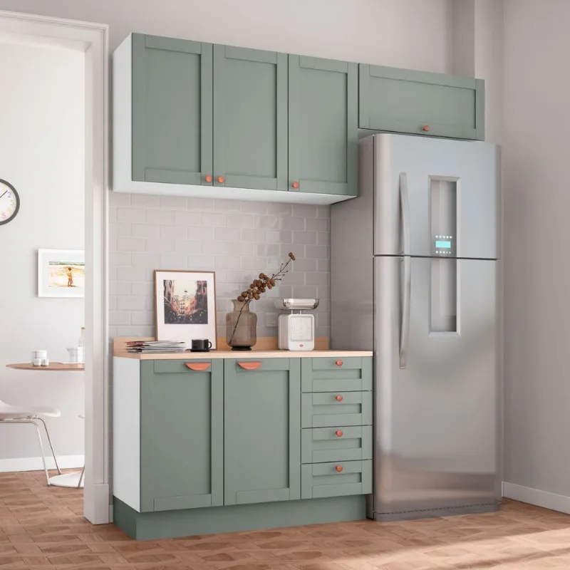 Cozinha Planejada 3 Peças com Tampo 2 Aéreos 1 Balcão CabeCasa MadeiraOriginals Verde/Branco/Menta Branco/Menta
