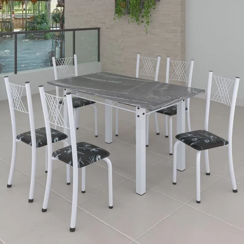 Conjunto de Jantar Mesa 140x75cm Tampo de Granito Topázio com 6 Cadeiras Sara Yescasa