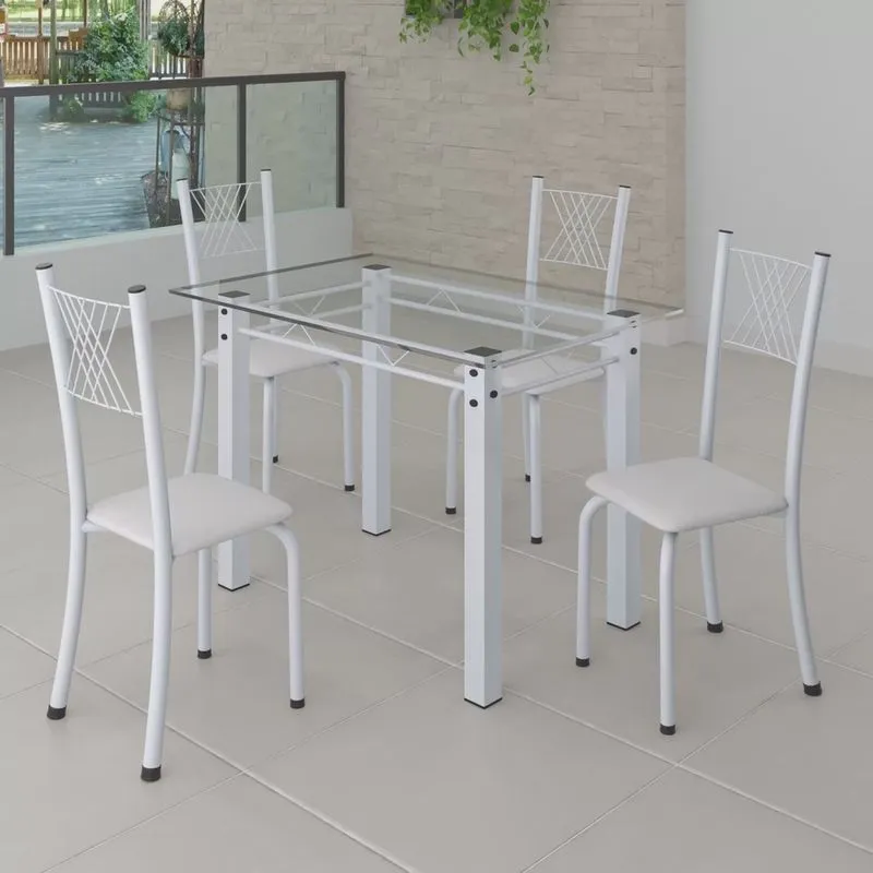 Conjunto de Jantar Mesa 100x60cm Tampo de Vidro Incolor com 4 Cadeiras Sara Yescasa