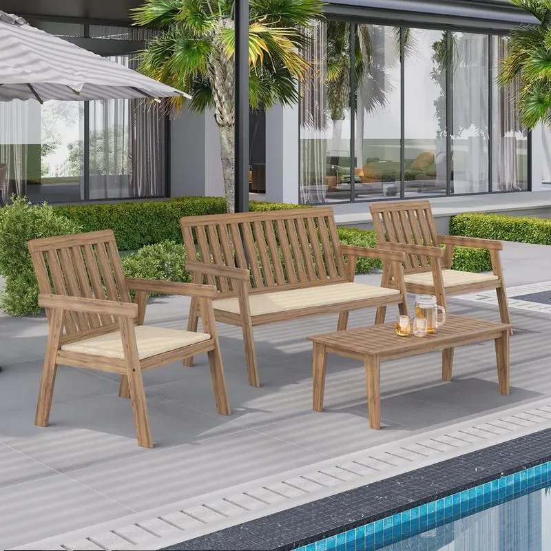 Conjunto para Jardim 4 Peças 3 Poltronas 1 Mesa de Centro Família de Madeira Eucalipto Yescasa