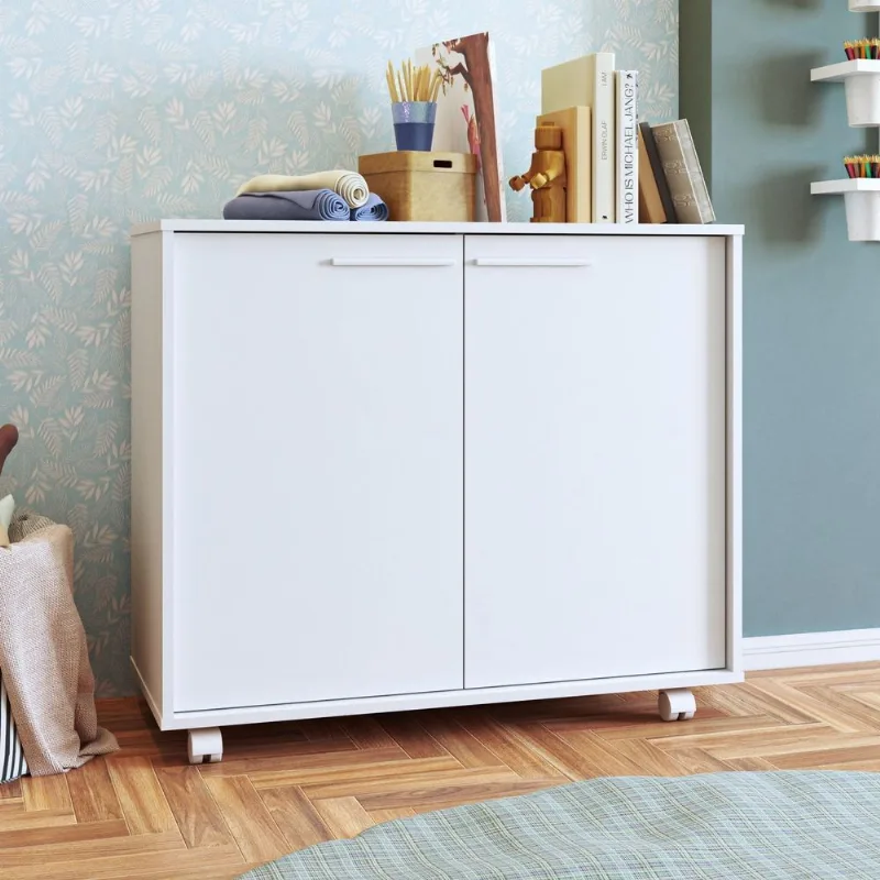 Balcão 2 Portas 1 Prateleiras 4 Pés com Rodízios Branco Branco