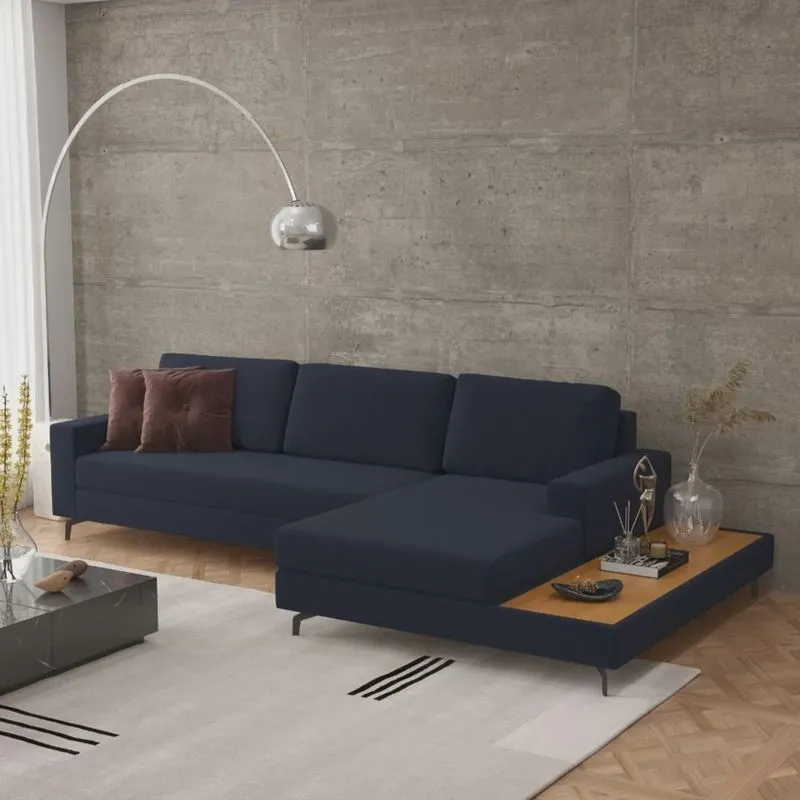 Sofá em Linho 292cm Chaise Direito e Deck Loft