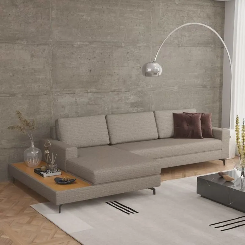 Sofá em Linho 322cm Chaise Esquerdo e Deck Loft