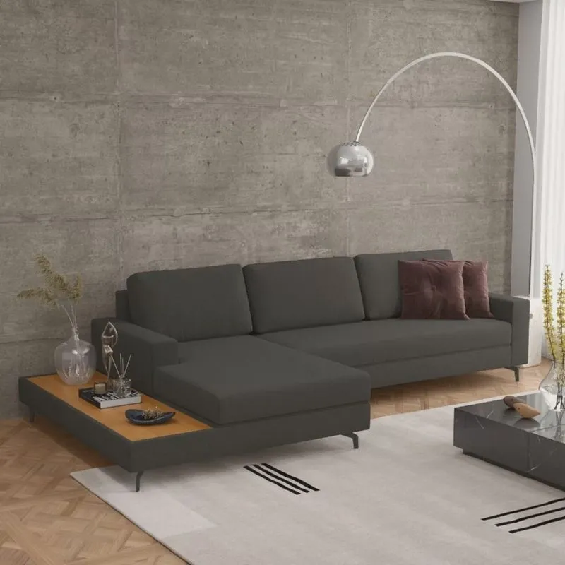 Sofá em Linho 322cm Chaise Esquerdo e Deck Loft
