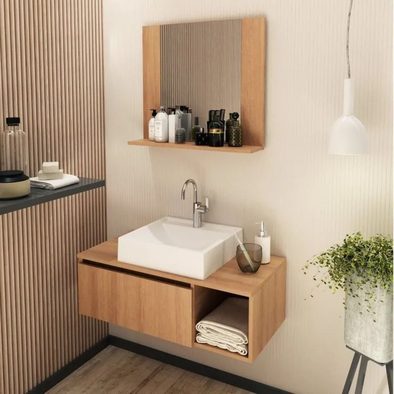 Conjunto Suspenso Para Banheiro Com Espelheira 80cm Marrom