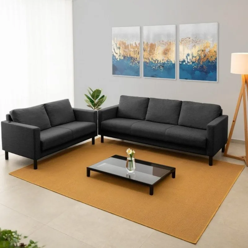 Conjunto de Sofá Antúrio 3 e 2 Lugares com Usb em Linho CabeCasa MadeiraOriginals Cinza Escuro Cinza Escuro