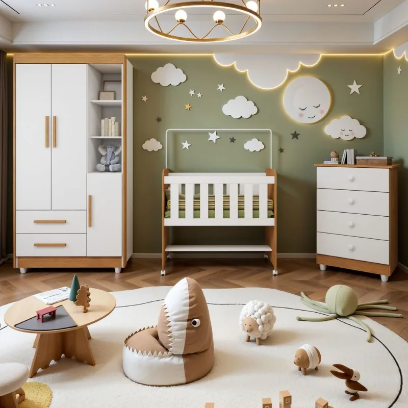 Quarto de Bebê Completo com Cômoda, Mini Berço e Guarda Roupas Lila Amadeirado/Branco Amadeirado / Branco