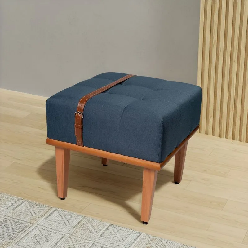Puff Quadrado Em Linho 45cm Com Cinto De Couro Yarin Azul