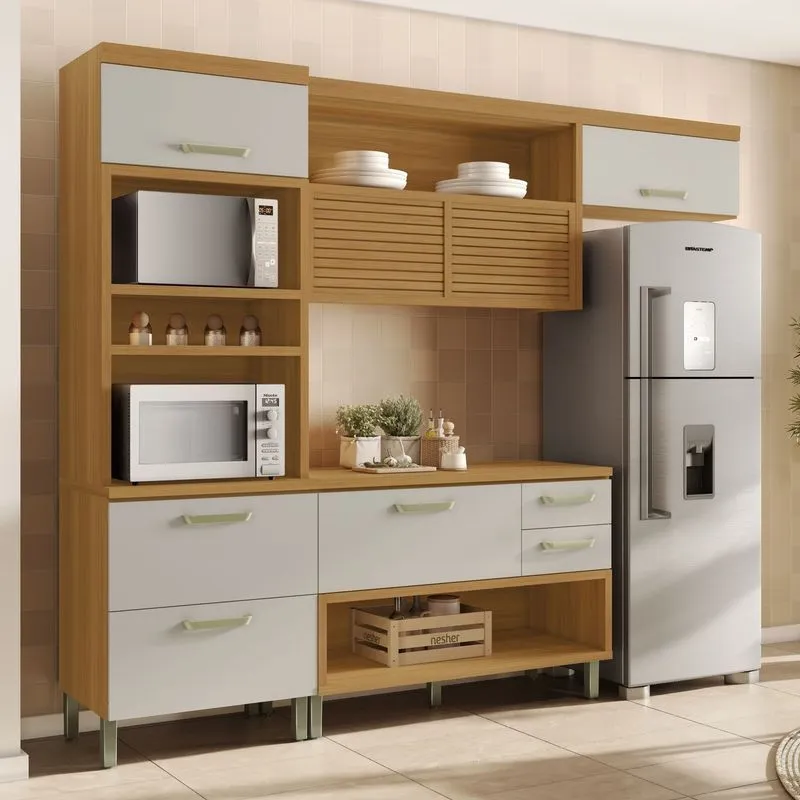 Cozinha 3 Peças Torre Quente Ripado Princesa Nesher 100% Mdf Freijó/off White