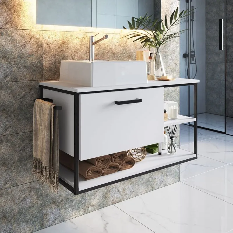 Gabinete Suspenso Para Banheiro 80cm P1007 Sem Cuba Preto/branco