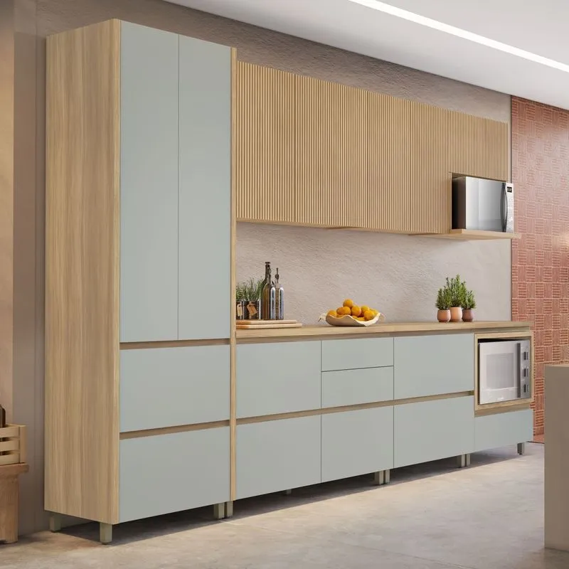 Cozinha 7 Peças 9 Portas 8 Gavetas Nichos Forno Ripado Rainha Nesher 100% Mdf Nature/verde
