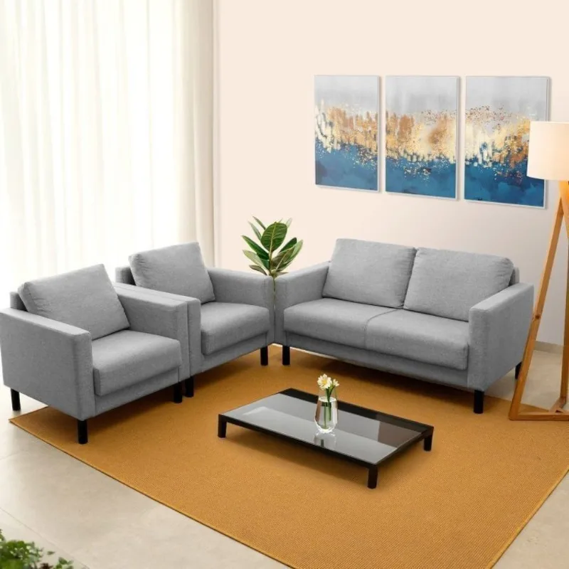 Conjunto Sofá Lugares com USB e 2 Poltronas em Linho Antúrio CabeCasa MadeiraOriginals Cinza Cinza