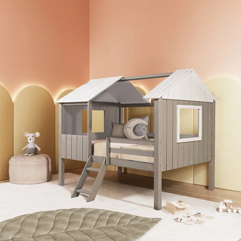 Cama Casal Cabana em Madeira Maciça Teddi Cinza Rústico/Branco Rústico Cama Cabana Teddi Casal Cinza Madeira Maciça Rústico/Branco Cinza Rústico/Branco Rústico
