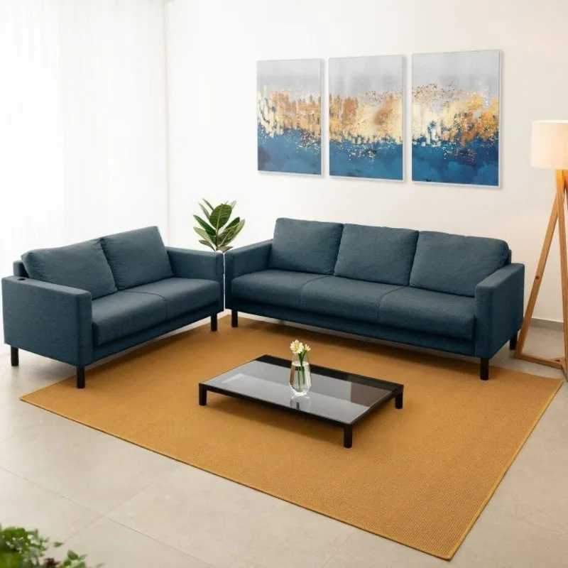 Conjunto de Sofá Antúrio 3 e 2 Lugares com Usb em Linho CabeCasa MadeiraOriginals Azul Azul