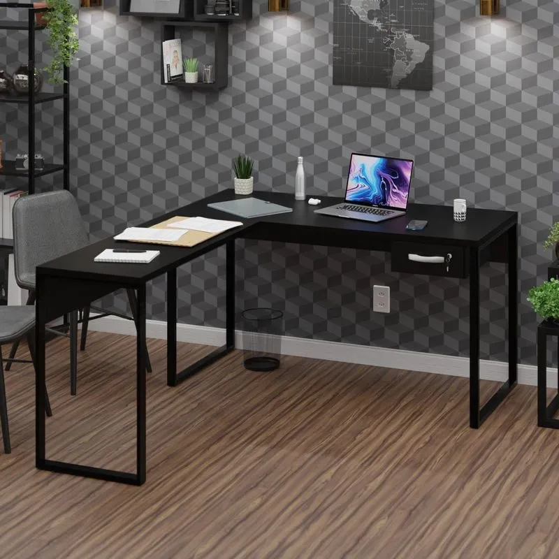 Mesa De Canto Em L Escrivaninha Com 1 Gaveta Industrial 135x150cm Preto