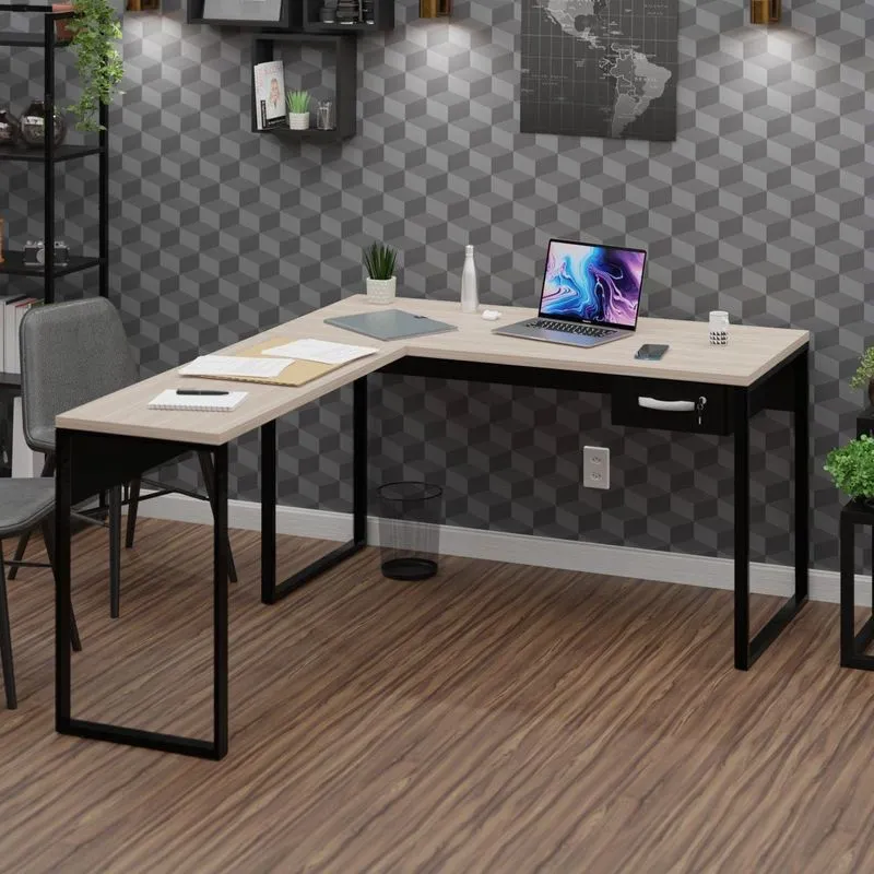 Mesa De Canto Em L Escrivaninha Com Gaveta Industrial 135x150cm Bege
