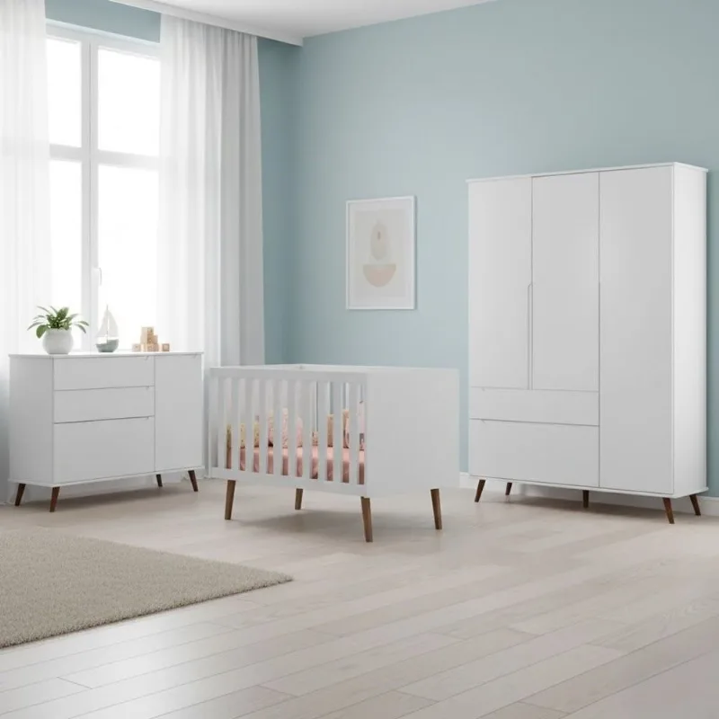 Quarto de Bebê Completo 3 Peças Berço Minicama 2 em 1, Cômoda e Guarda-Roupa Retrô 100% MDF Mel Branco