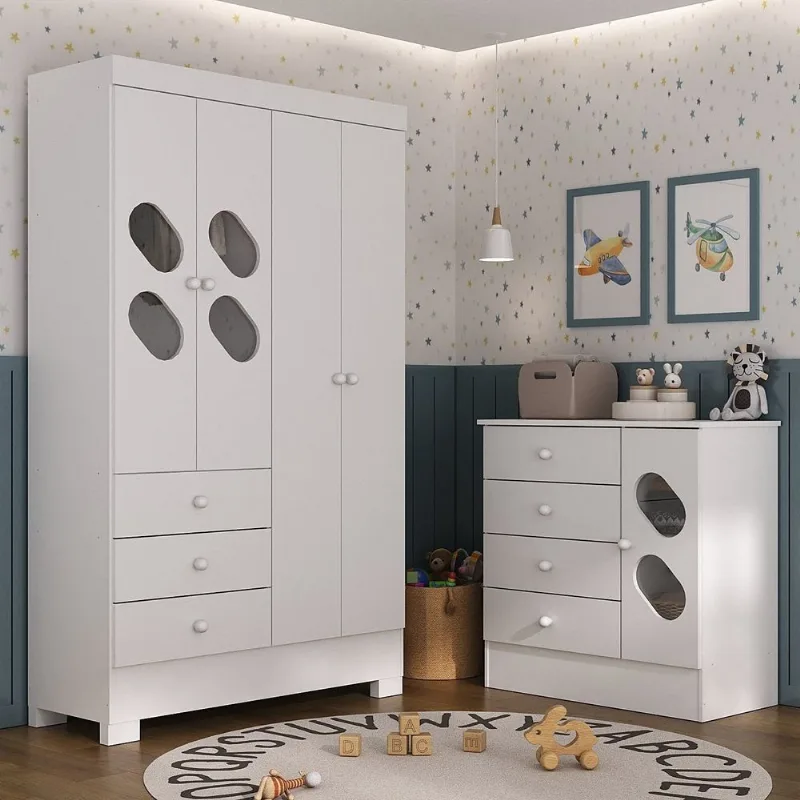 Quarto Infantil/Juvenil com Guarda Roupa e Cômoda Stella Branco Branco