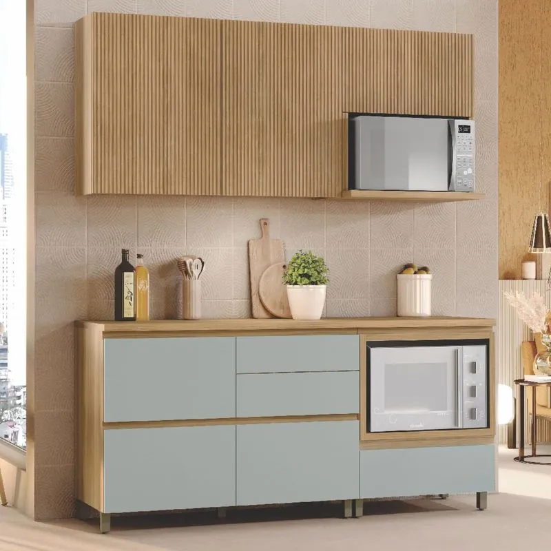 Cozinha 4 Peças Ripado Rainha Nesher 100% Mdf Balcão E Aéreo Forno Nesher 100% Mdf Nature/verde