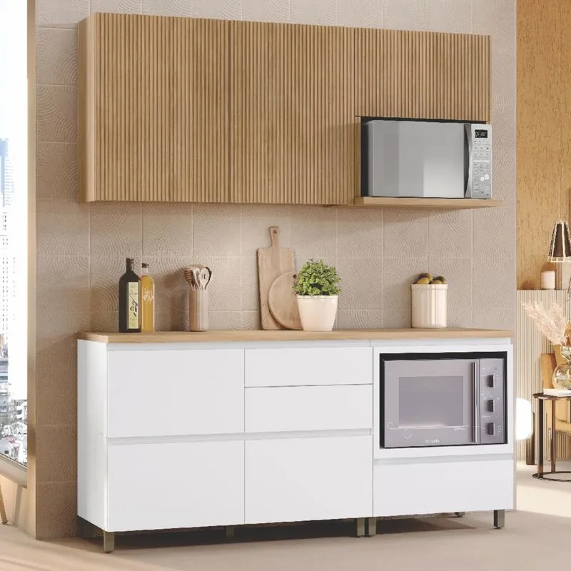 Cozinha 4 Peças Ripado Rainha 100% Mdf Balcão E Aéreo Forno 100% Mdf Branco/nature