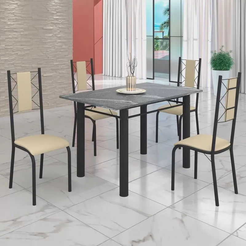Conjunto Sala de Jantar Bahia Mesa Tubo 120x75cm Tampo Pedra Granito Topázio com 4 Cadeiras