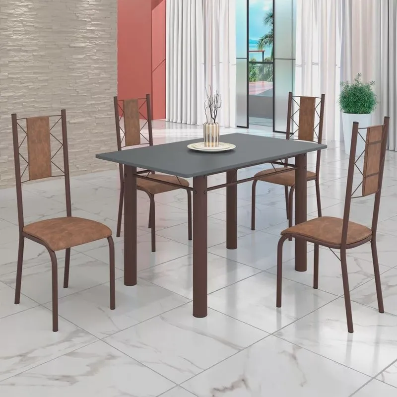 Conjunto Sala de Jantar Bahia Mesa Tubo 120x75cm Tampo Pedra com 4 Cadeiras