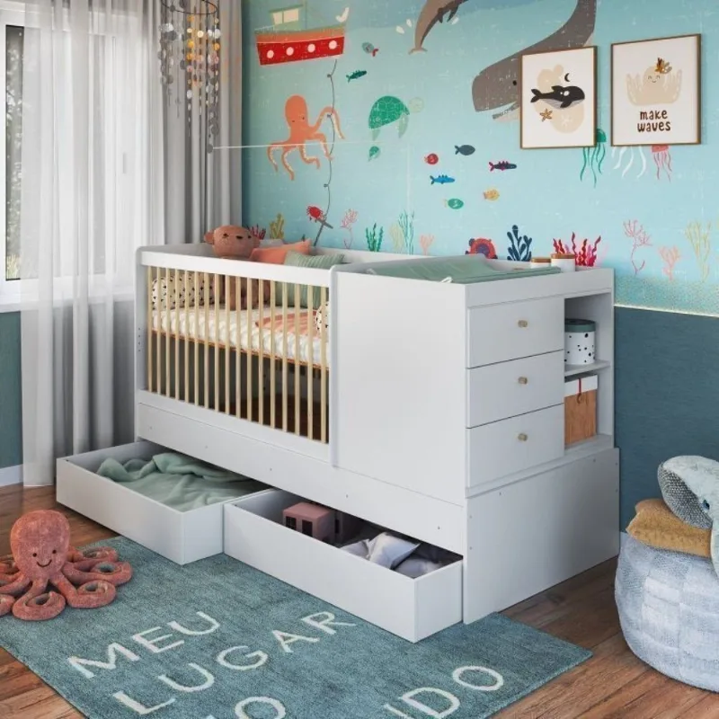 Berço Cama Multifuncional com Gavetões 2 Colchões Branco Branco