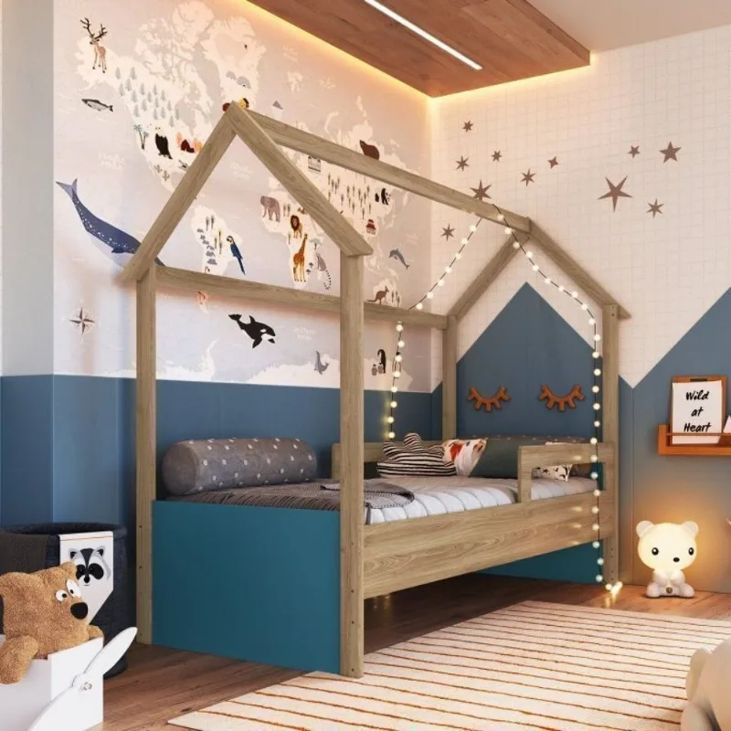 Cama Infantil Montessoriana 1 Colchão Incluso Aveiro Oak/Azul Secreto